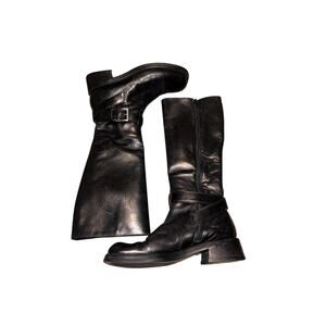 Prada Black Leather Riding Boots Harness strap Italian Leather Size 38.5